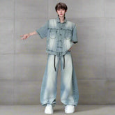 HEYFANCYSTYLE Acid Wash Men's Denim Set, Designer Wide Leg